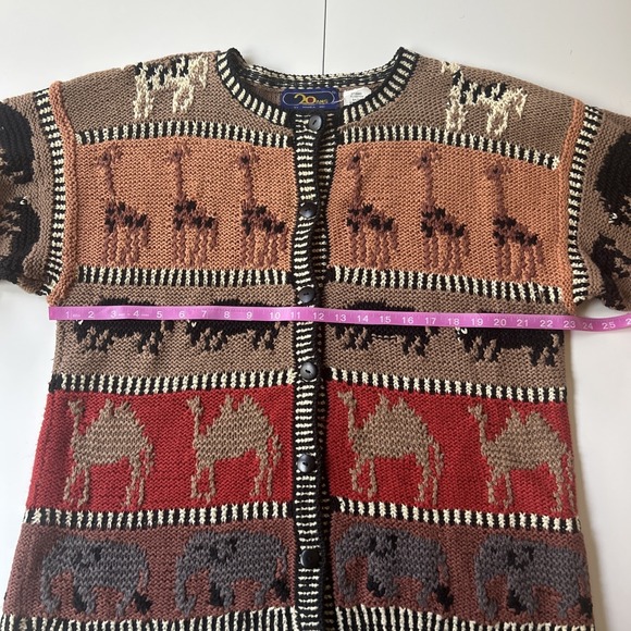 VTG 90s Knit Safari Chunky Cardigan Animals Artsy‎ Ramie Cotton Tunic Length L - Picture 8 of 10
